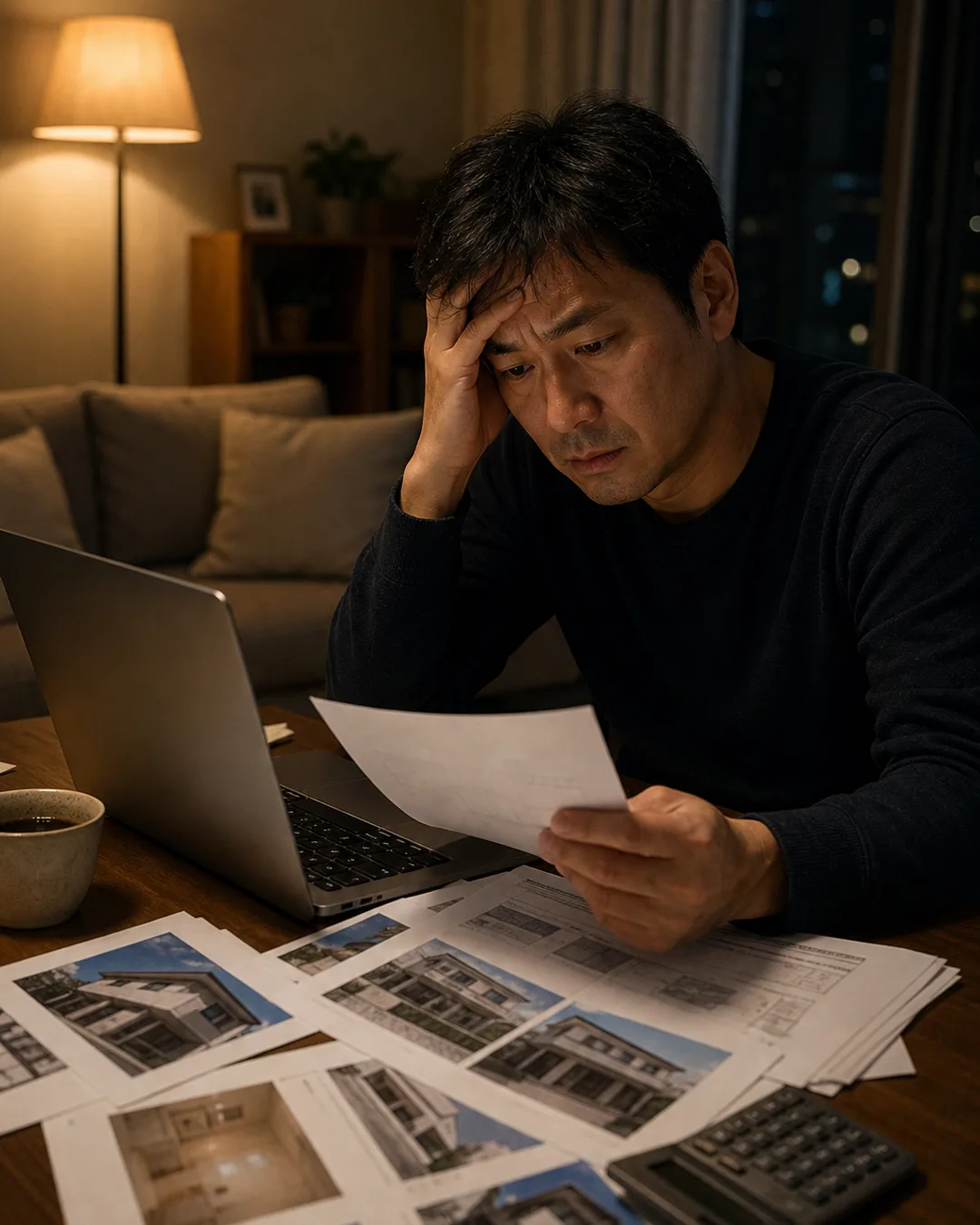 深夜のリビングでノートPCとマイソクの束に向かう男性