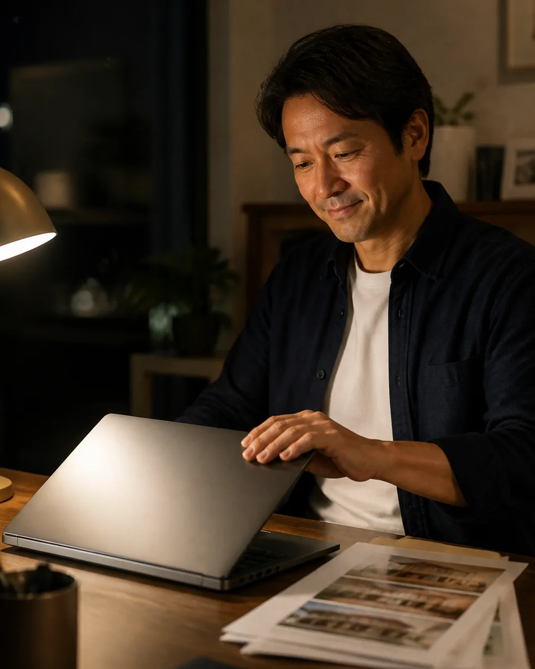 夜のデスクでノートPCを閉じる40代の個人不動産投資家
